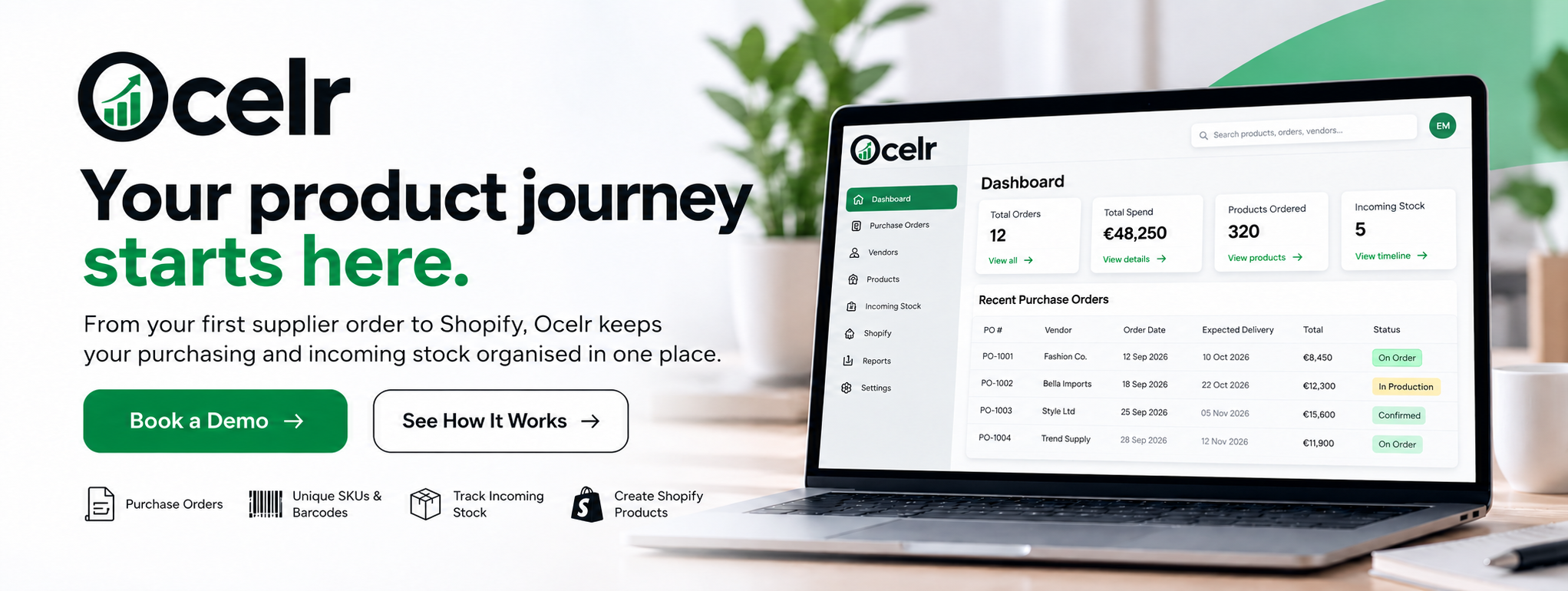 Illustrative Ocelr dashboard showing supplier orders, purchasing spend and incoming stock