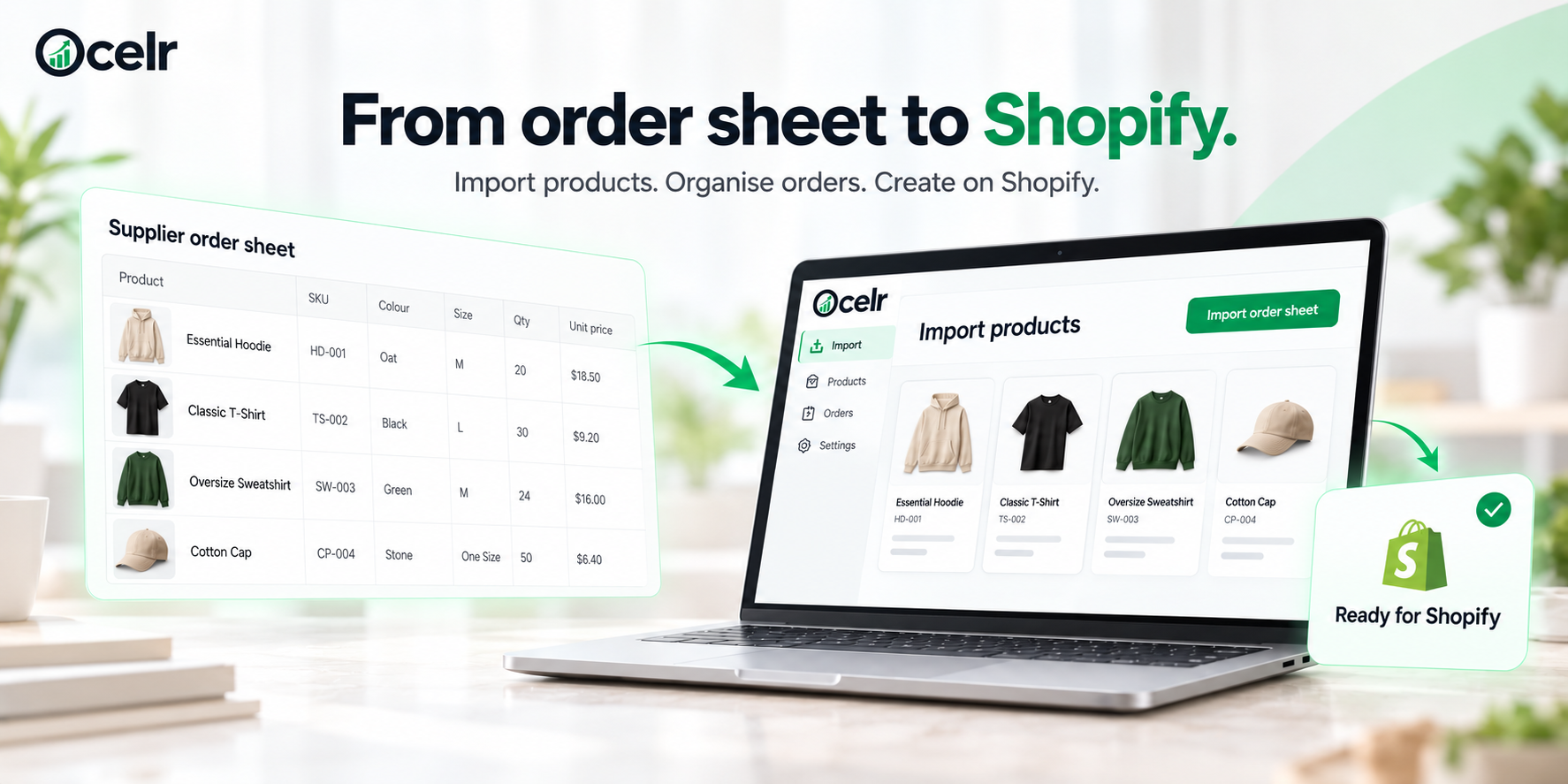 Illustrative Ocelr order-sheet import workflow, showing products prepared for Shopify.